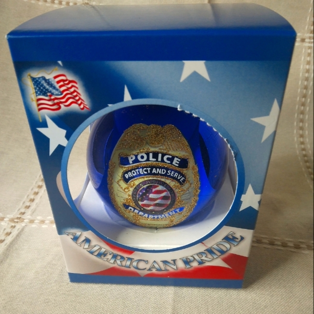 NEW Krebs Glass POLICE DEPARTMENT Christmas Ornament Pride Protect Serve USA